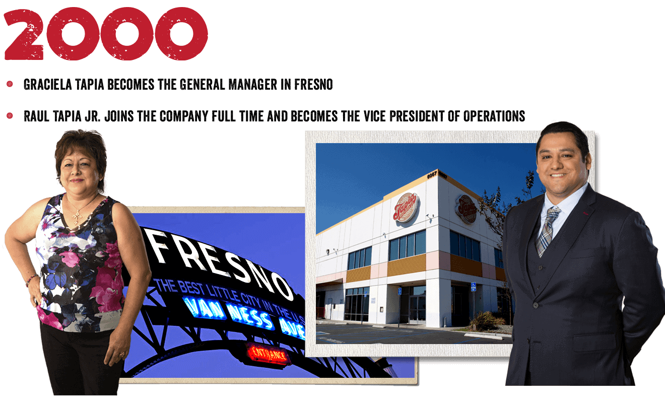 Tapia Brothers 2000: Graciela Tapia becomes General Manager in Fresno; Raul Tapia Jr. joins as Vice President of Operations.
