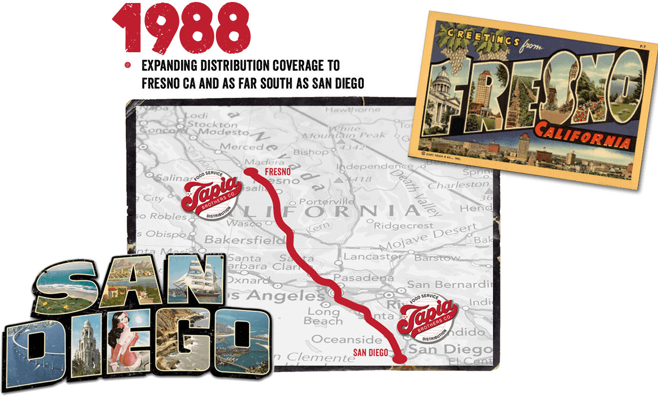 Tapia Brothers 1988: Expanding distribution coverage to Fresno and as far south as San Diego.